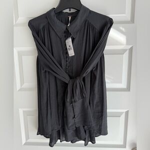 NWT Free People black sheer blouse with flowy shape and covered buttons! L